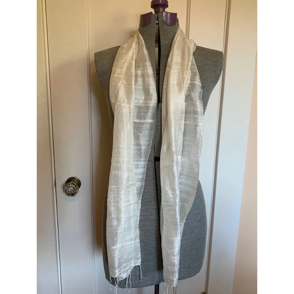 White Raw Silk Textured Twist Fringe Scarf Rectangle Lightweight Boho